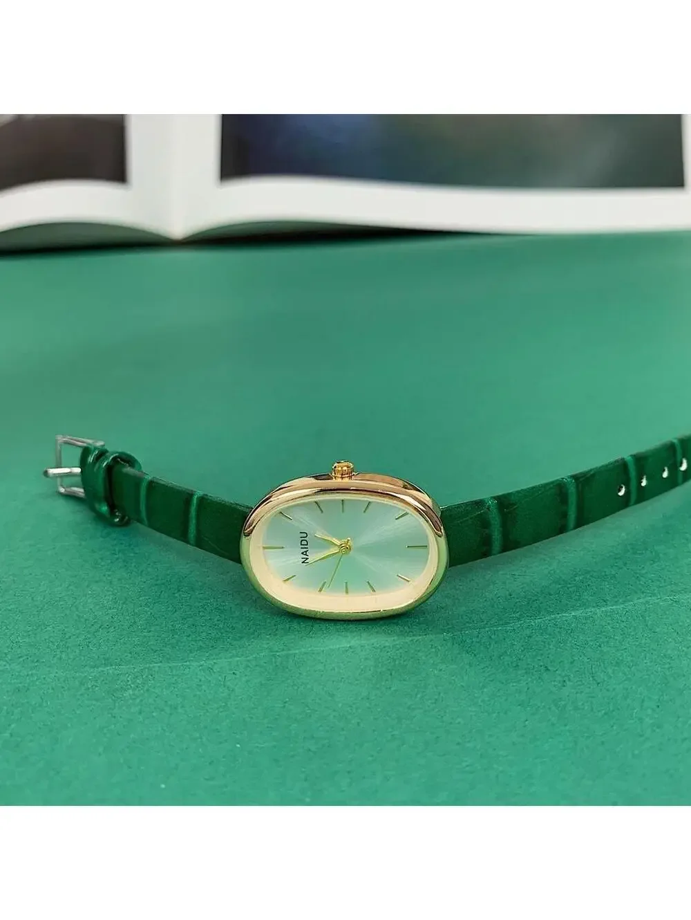 Y2k style green leather gold and silver luxury classy sport watch. 8 inches